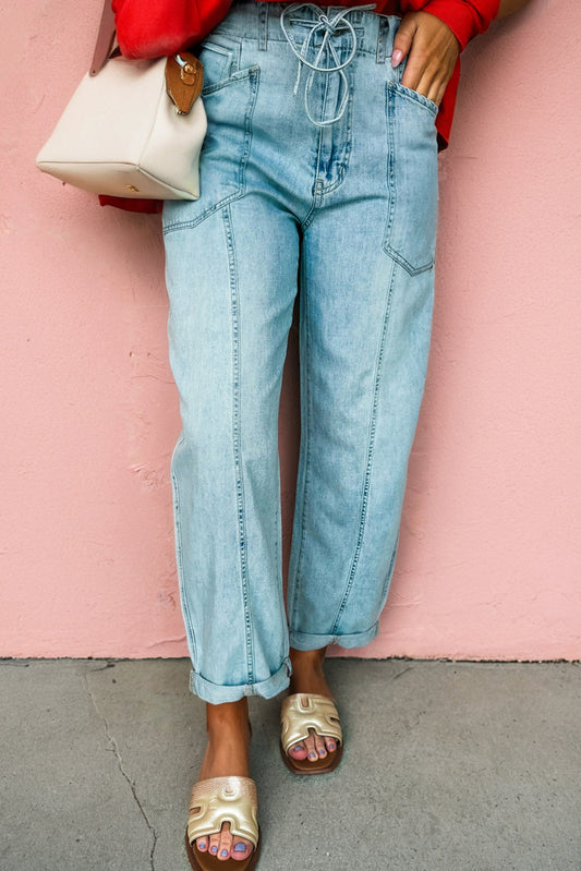 Myosotis Exposed Stitch Detail Drawstring Barrel Jeans - Viraxa
