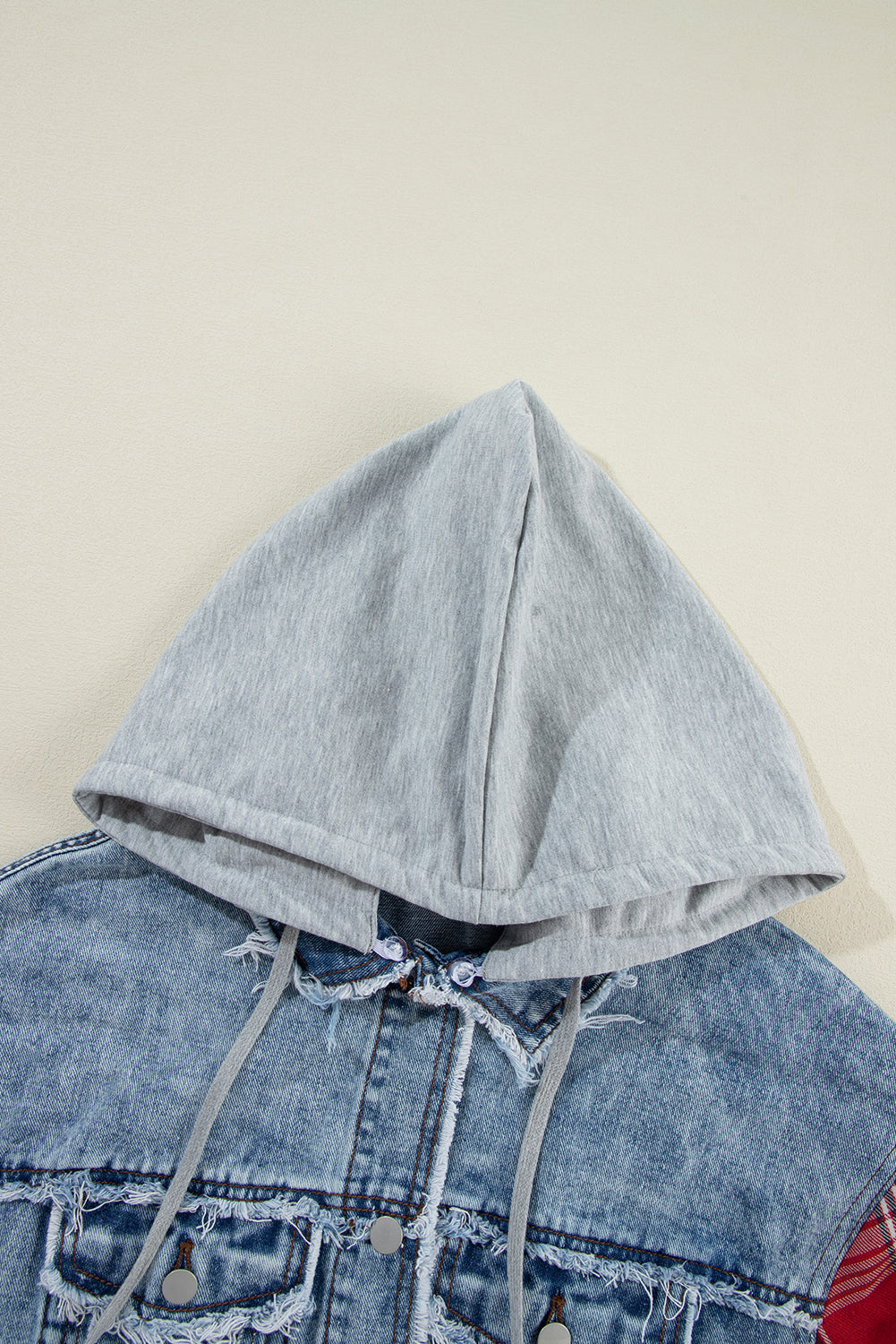 Beau Blue Plaid Print Patchwork Hooded Raw Hem Denim Jacket - Viraxa
