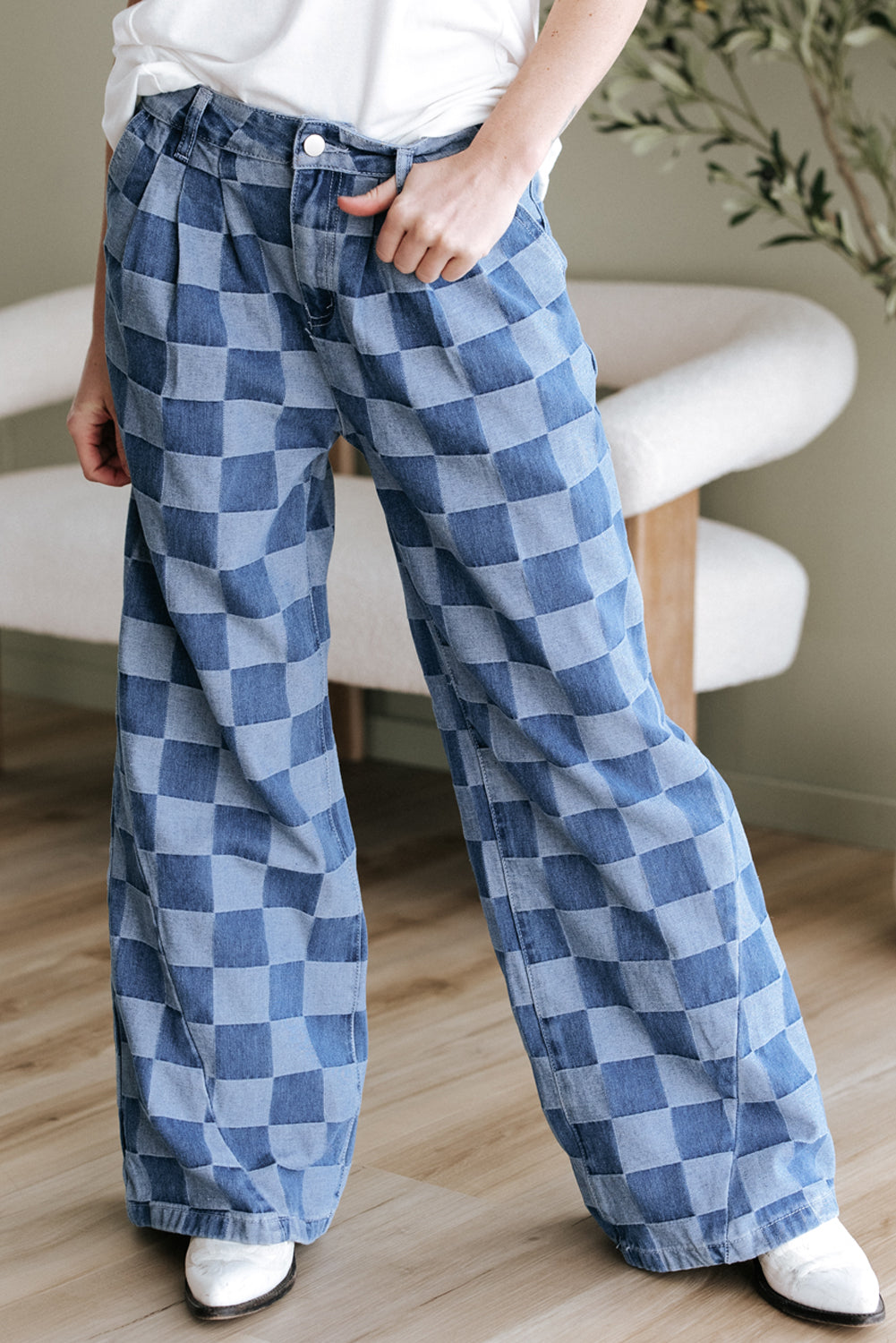 Dusk Blue Checkered Denim Wide Leg Jeans - Viraxa