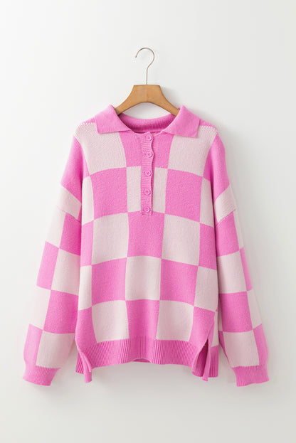 Pink Checkerboard Half Button Collared Drop Shoulder Sweater - Viraxa