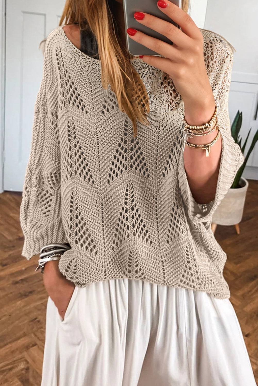 Parchment Hollow Out Knit 7/8 Sleeve Casual Sweater - Viraxa