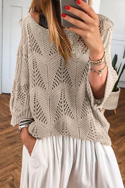 Parchment Hollow Out Knit 7/8 Sleeve Casual Sweater - Viraxa