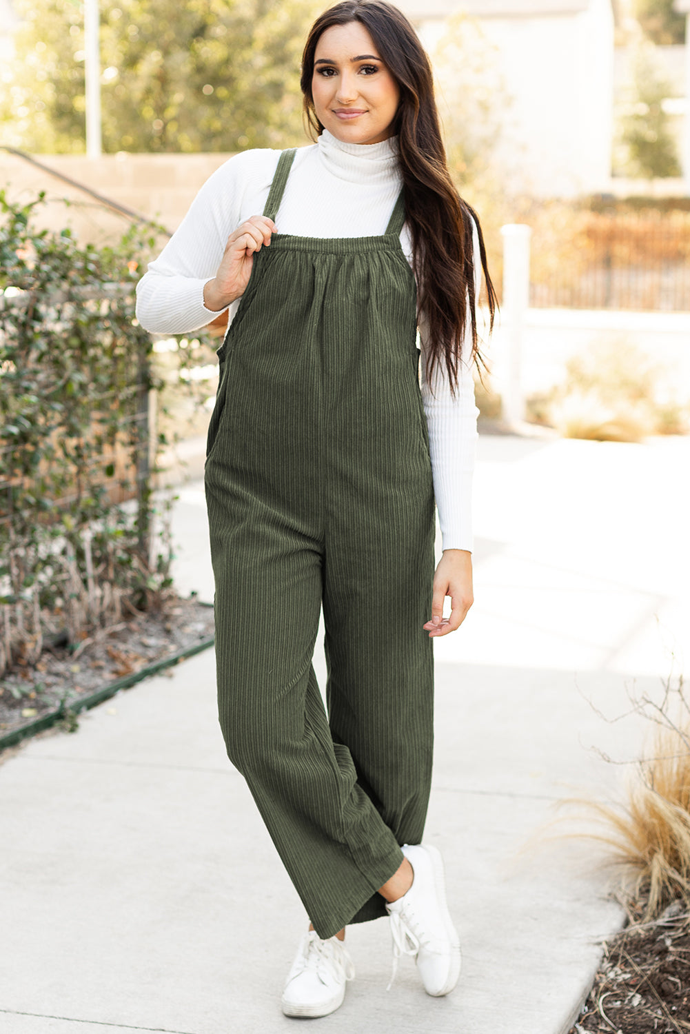 Jungle Green Solid Pocketed Loose Fit Corduroy Overall - Viraxa
