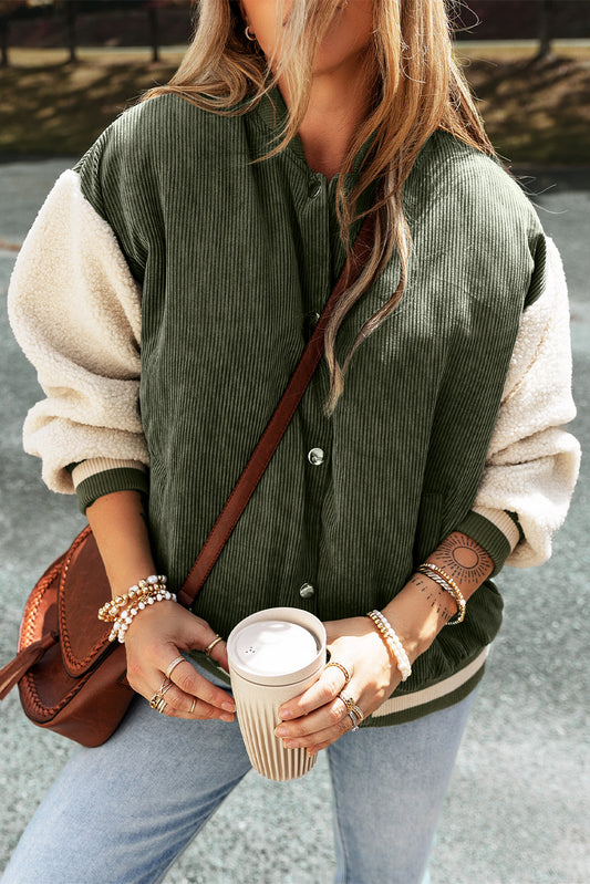 Mist Green Corduroy Fleece Patchwork Buttoned Bomber Jacket - Viraxa