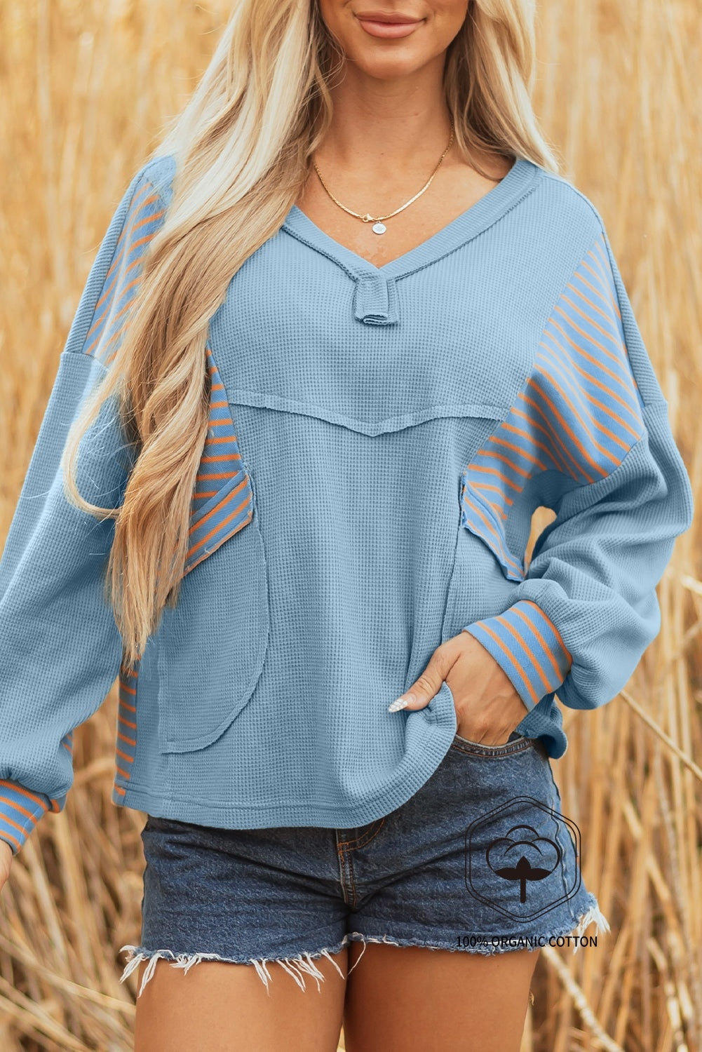 Dusk Blue Exposed Seam Waffle Striped Patchwork Baggy Pullover