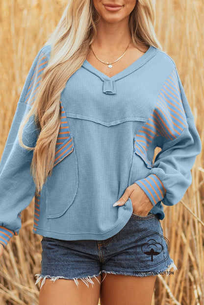 Dusk Blue Exposed Seam Waffle Striped Patchwork Baggy Pullover