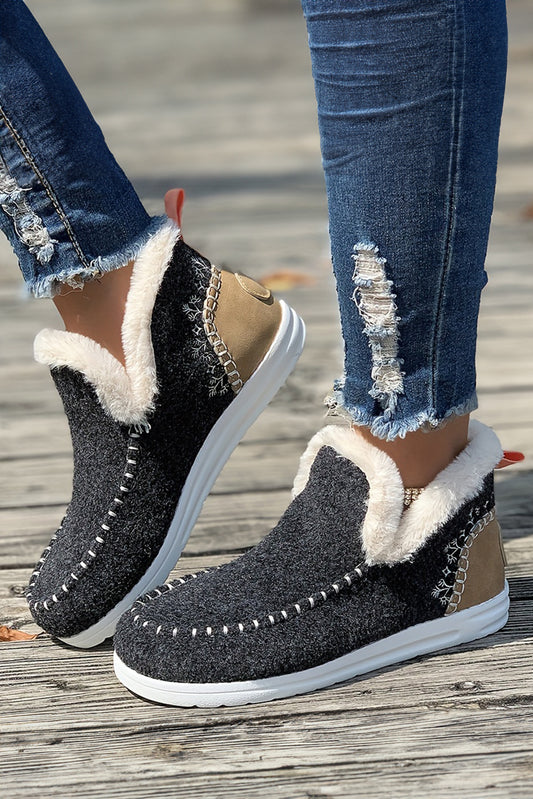 Carbon Grey Suede Stitching Patchwork Plush Lined Anklet Boots - Viraxa