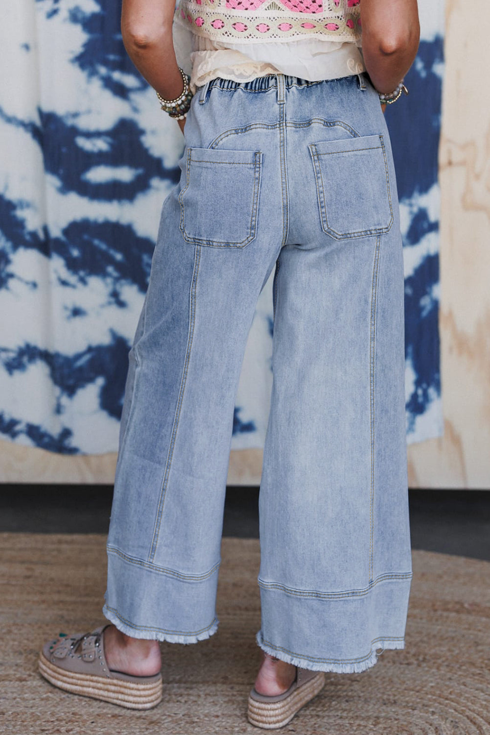 Beau Blue Drawstring Seam Detail Raw Hem Wide Leg Denim Pants - Viraxa