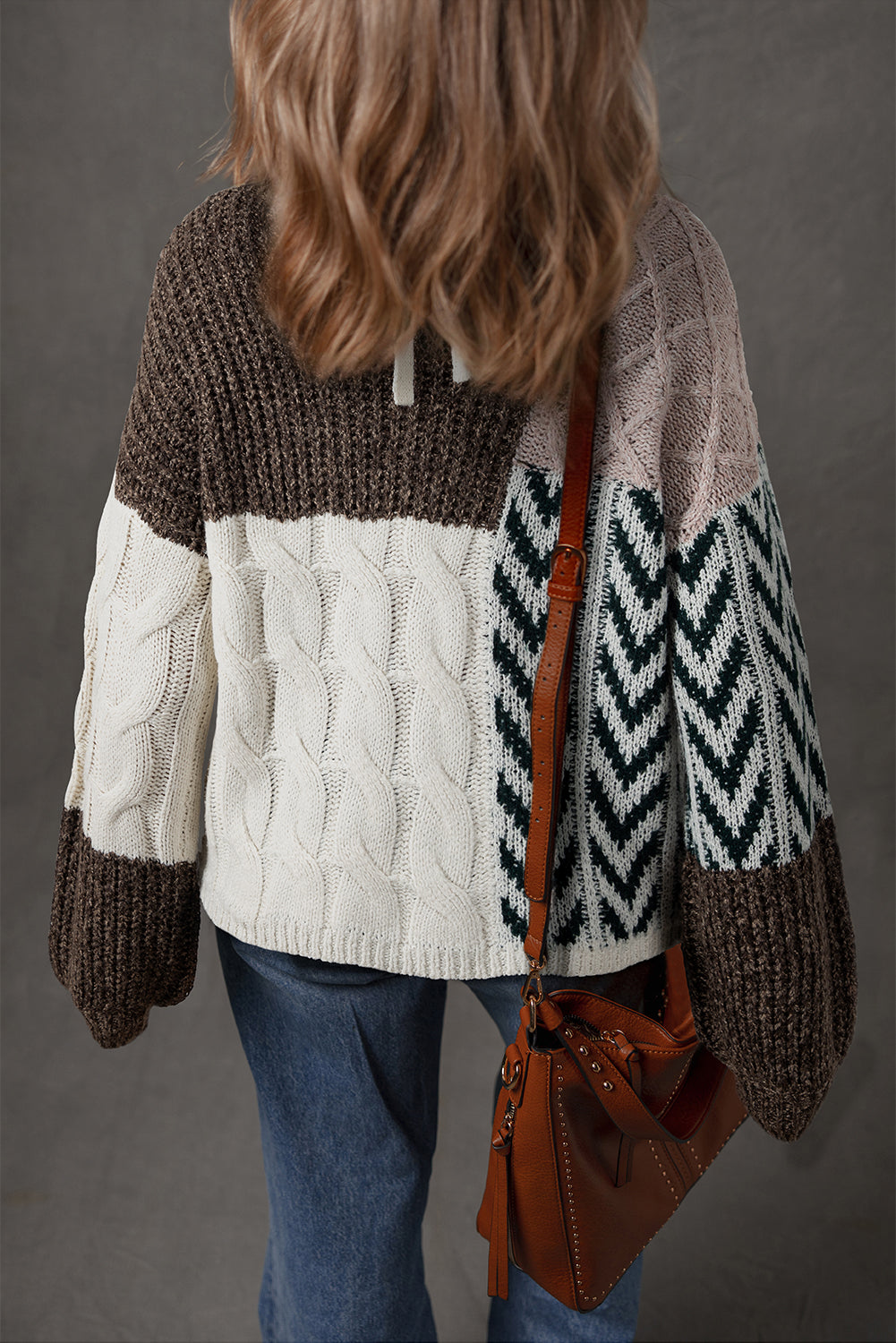 Brown Color Block Patchwork Knotted Back Loose Fit Sweater - Viraxa