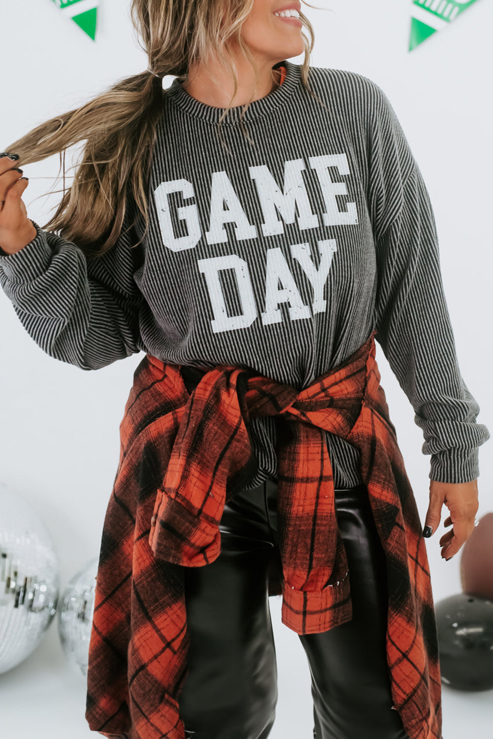 Dark Grey Corded GAME DAY Graphic Long Sleeve Crewneck Top - Viraxa