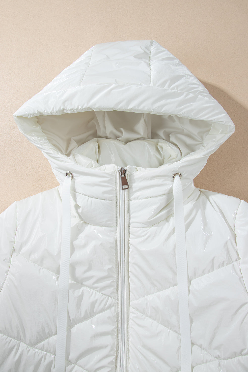 White Solid Quilted Hooded Zip Up Puffer Coat - Viraxa