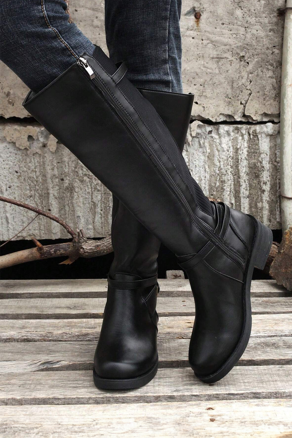 Black Side Zipper Knee High Chunky Low Heel Boots - Viraxa