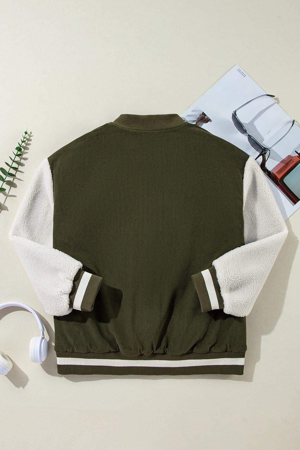 Mist Green Corduroy Fleece Patchwork Buttoned Bomber Jacket - Viraxa