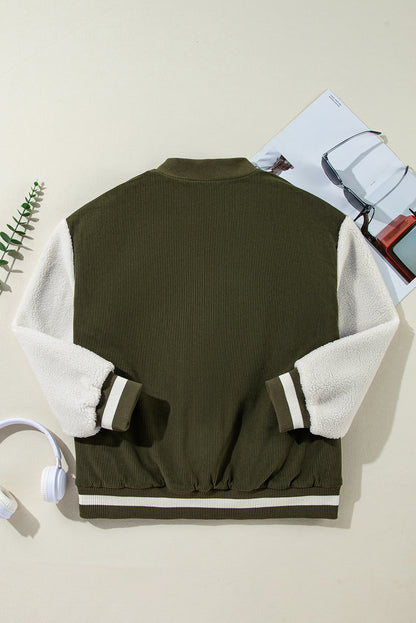 Mist Green Corduroy Fleece Patchwork Buttoned Bomber Jacket - Viraxa