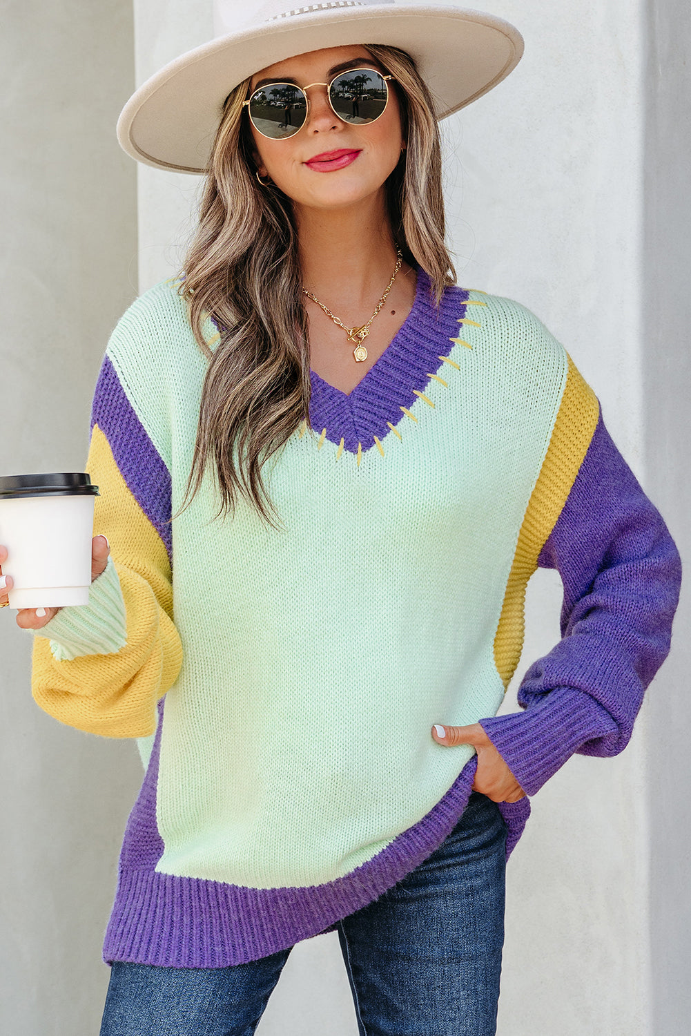 Green Stitched V Neck Color Block Knitted Drop Shoulder Sweater - Viraxa