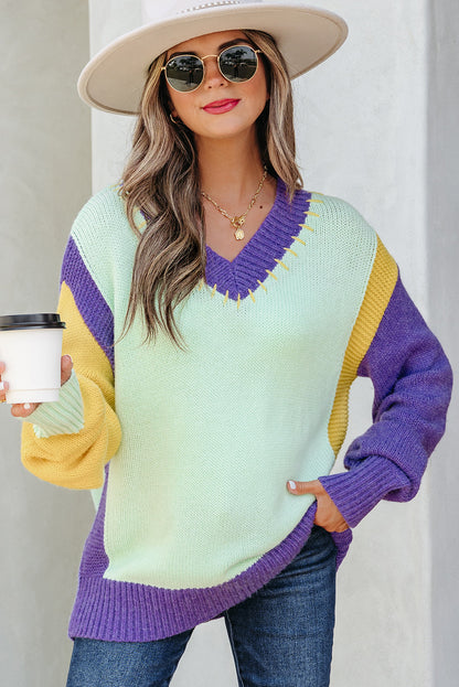 Green Stitched V Neck Color Block Knitted Drop Shoulder Sweater - Viraxa