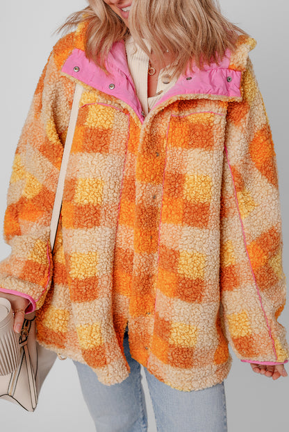 Orange Checkered Sherpa Hooded Jacket - Viraxa