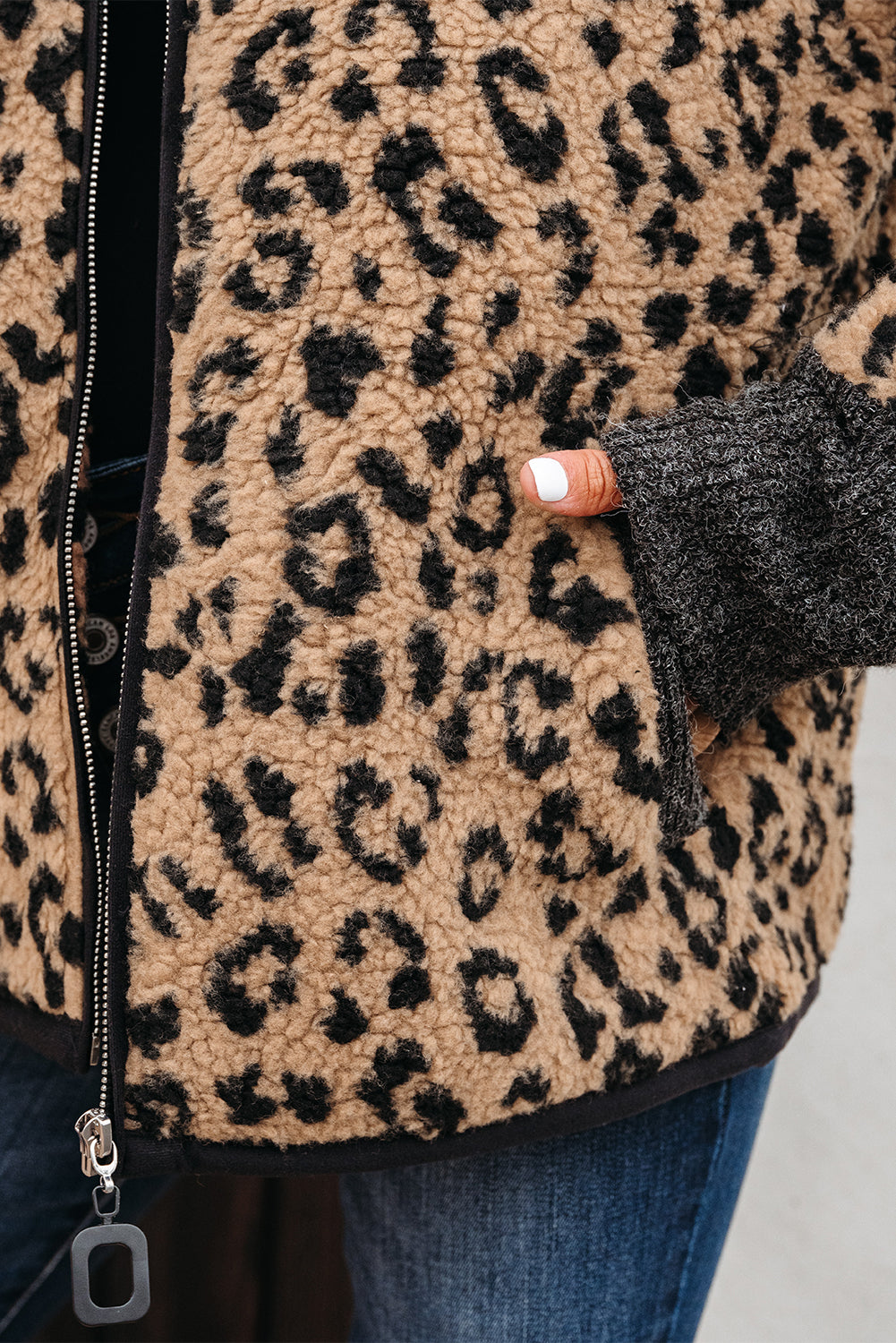 Khaki Leopard Print Zip Up Stand Neck Side Pocket Jacket - Viraxa