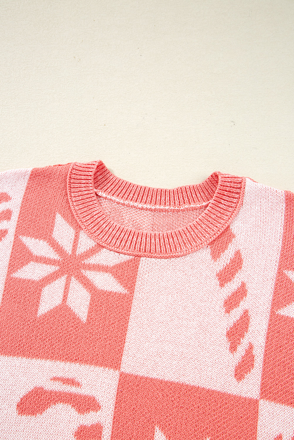 Pink Candycane Snowflake Checker Christmas Holiday Drop Shoulder Tunic Loose Sweater - Viraxa
