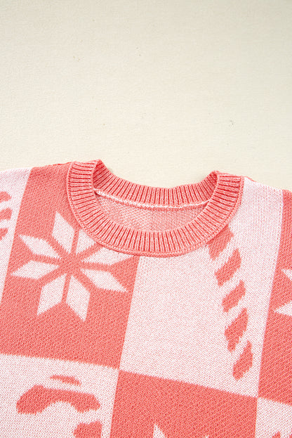 Pink Candycane Snowflake Checker Christmas Holiday Drop Shoulder Tunic Loose Sweater - Viraxa