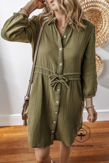 Jungle Green Textured Bracelet Sleeve Collared Button Up Dual Tied Mini Dress