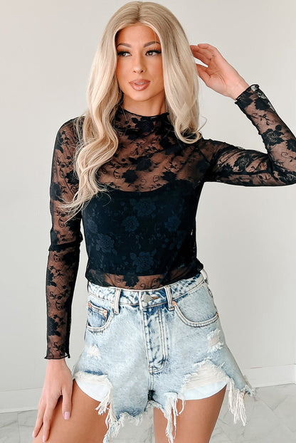 Black Sheer Floral Lace Mesh Mock Neck Long Sleeve Top