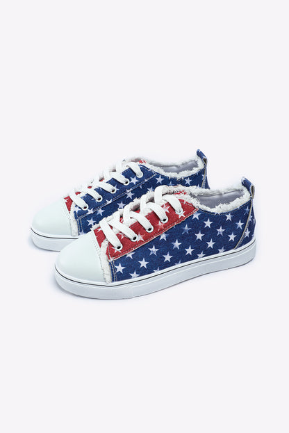 Multicolor American Flag Stars Printed Frayed Detail Lace-up Shoes - Viraxa