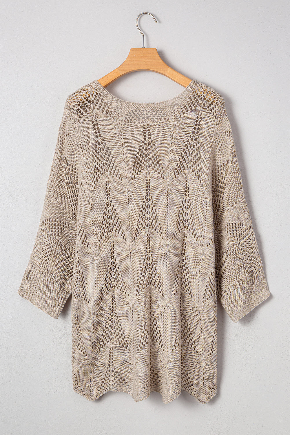 Parchment Hollow Out Knit 7/8 Sleeve Casual Sweater - Viraxa