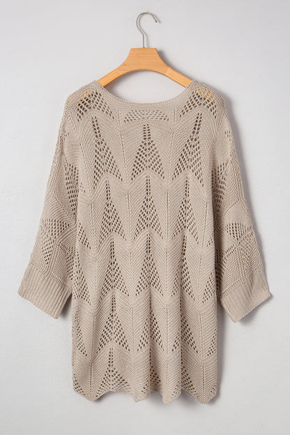 Parchment Hollow Out Knit 7/8 Sleeve Casual Sweater - Viraxa