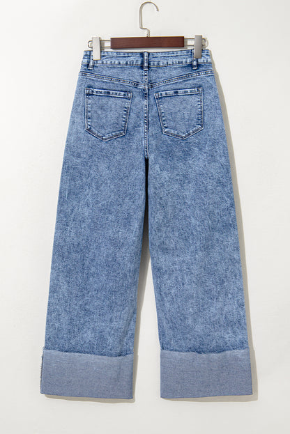 Ashleigh Blue Mineral Wash Bottom Cuff Distressed Wide Leg Jeans - Viraxa