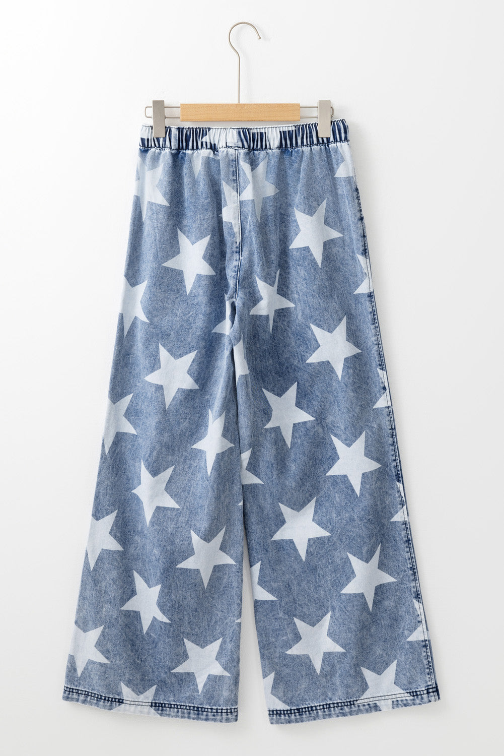 Light Blue Star Print Light Wash Drawstring Elastic Waistband Wide Leg Jeans - Viraxa