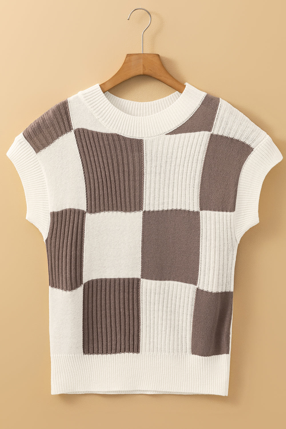 Khaki Checkered Color Block Crew Neck Short Sleeve Sweater - Viraxa