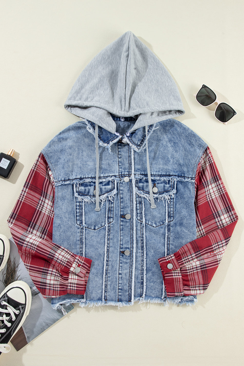 Beau Blue Plaid Print Patchwork Hooded Raw Hem Denim Jacket - Viraxa