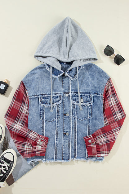 Beau Blue Plaid Print Patchwork Hooded Raw Hem Denim Jacket - Viraxa