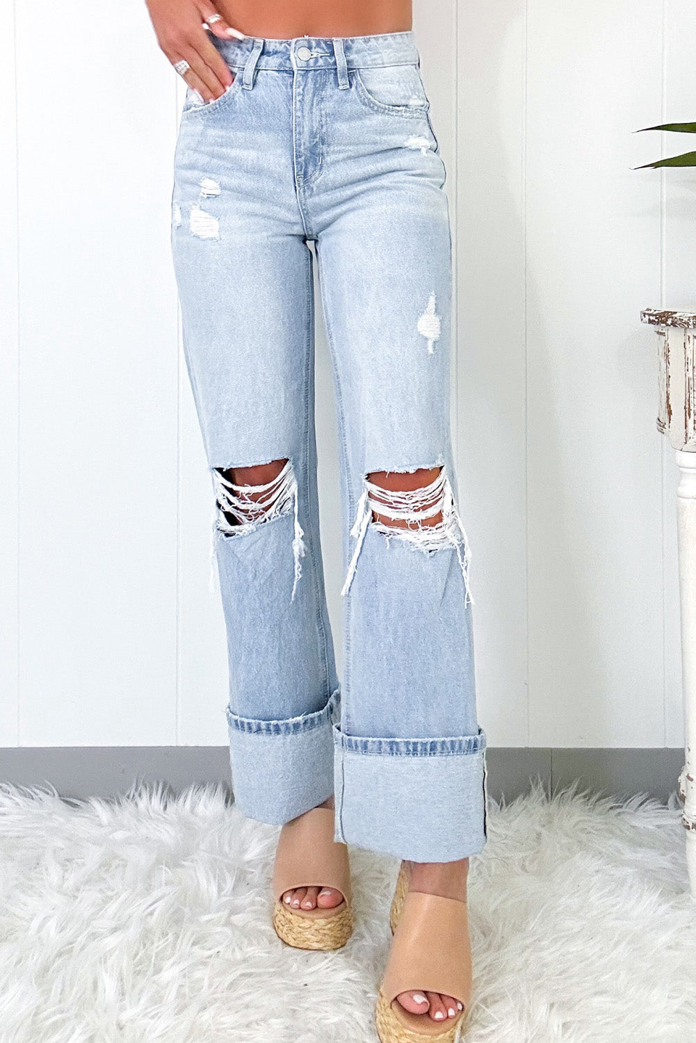 Beau Blue Light Wash Distressed Straight Jeans - Viraxa