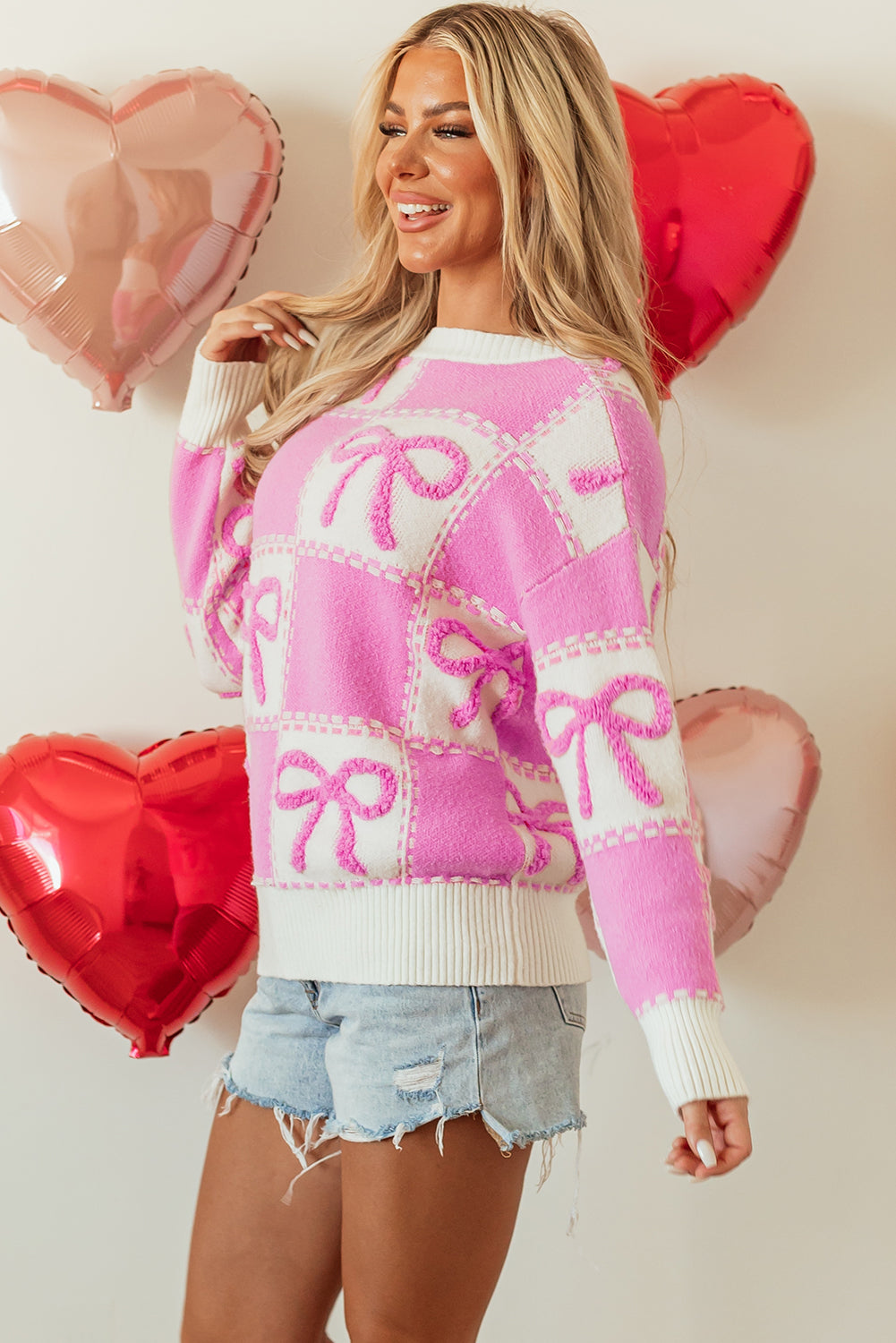 Pink Bow Knot Two Tone Checkered Crew Neck Sweater - Viraxa