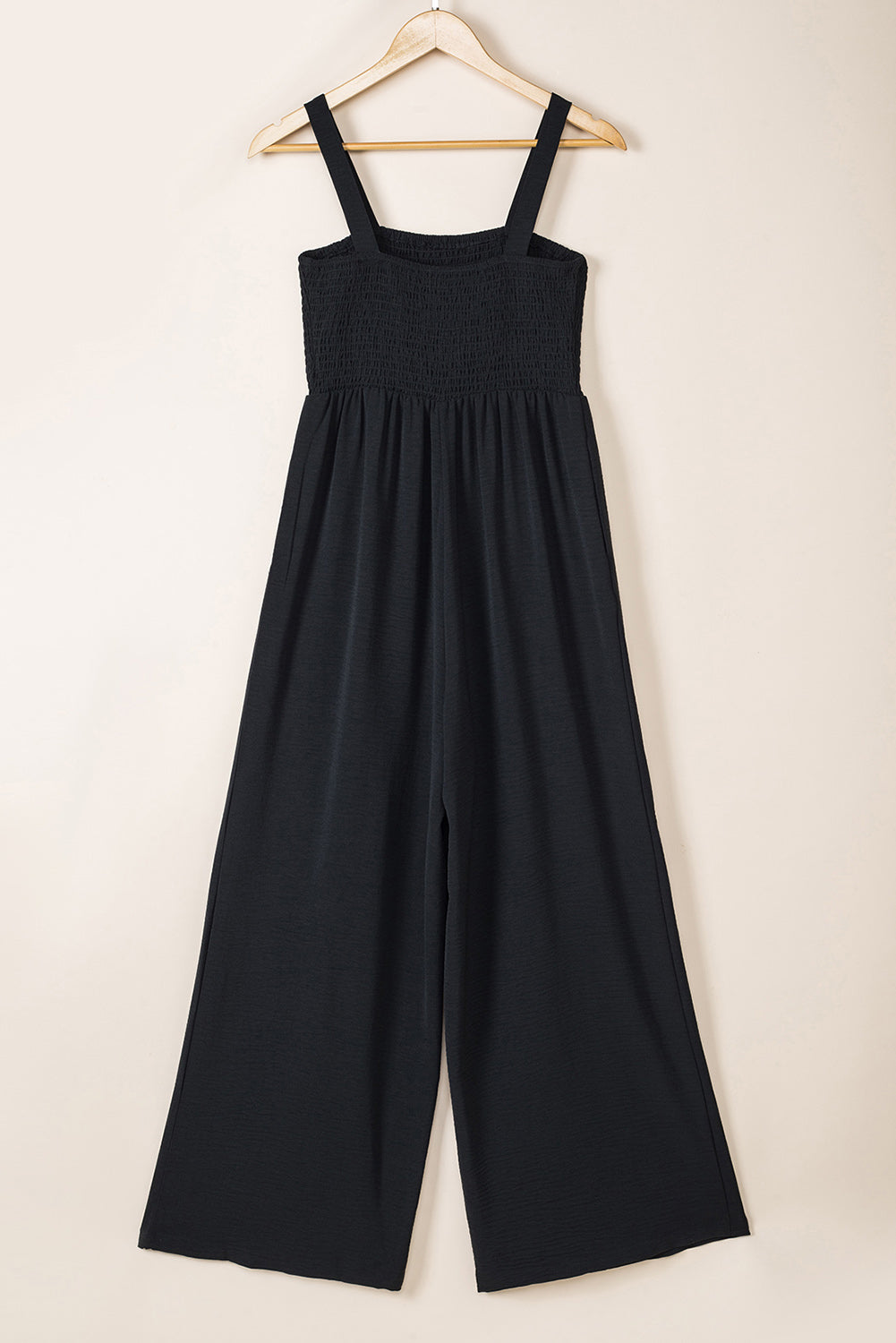 Black Smocked Sleeveless Wide Leg Jumpsuit with Pockets - Viraxa