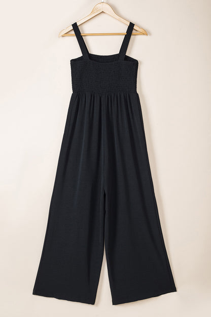 Black Smocked Sleeveless Wide Leg Jumpsuit with Pockets - Viraxa