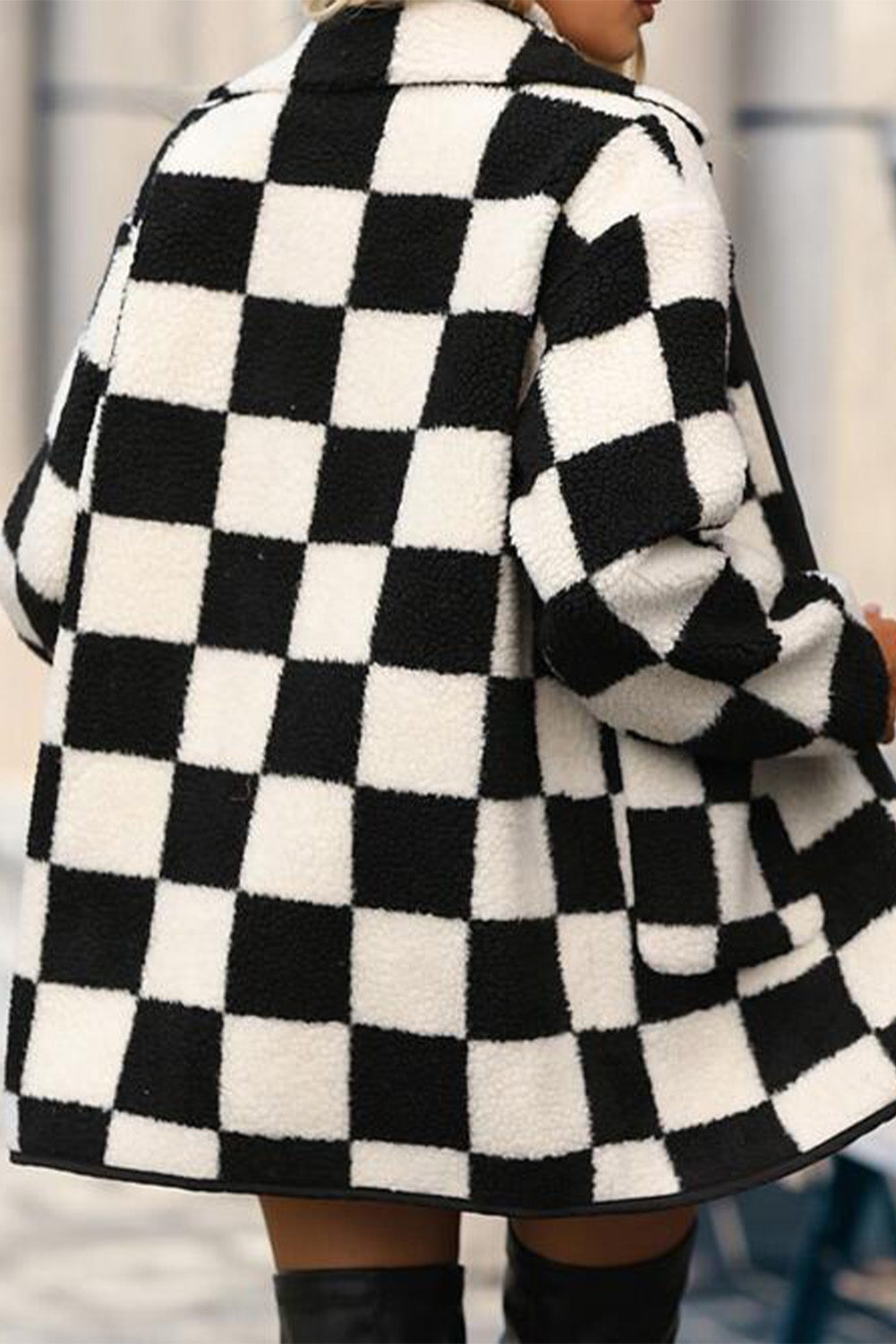 Black Checkered Side Pockets Collared Buttoned Fleece Jacket - Viraxa