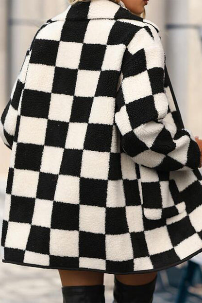 Black Checkered Side Pockets Collared Buttoned Fleece Jacket - Viraxa