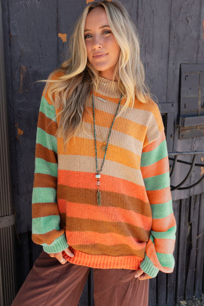 Orange Stripe Color Block High Neck Drop Shoulder Cozy Sweater - Viraxa