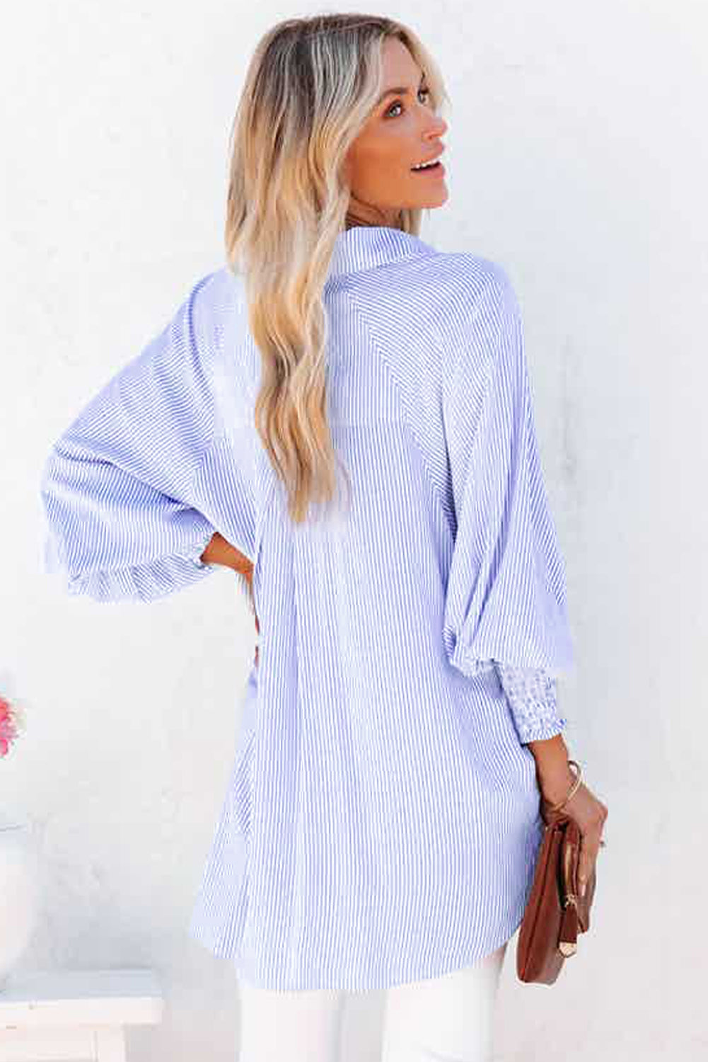 Sky Blue Smocked Cuffed Striped Boyfriend Shirt with Pocket - Viraxa