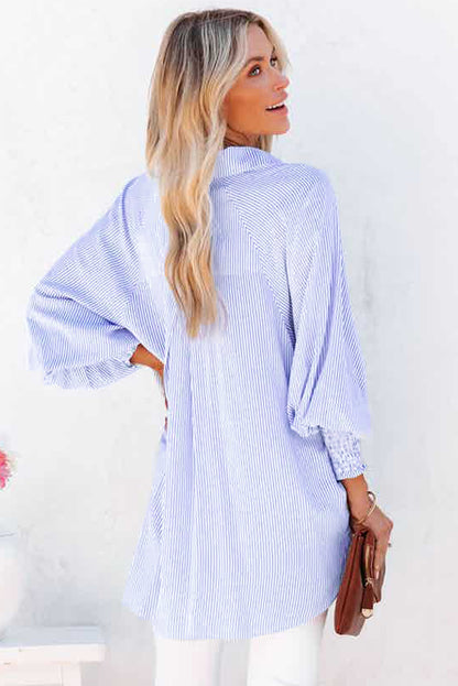 Sky Blue Smocked Cuffed Striped Boyfriend Shirt with Pocket - Viraxa