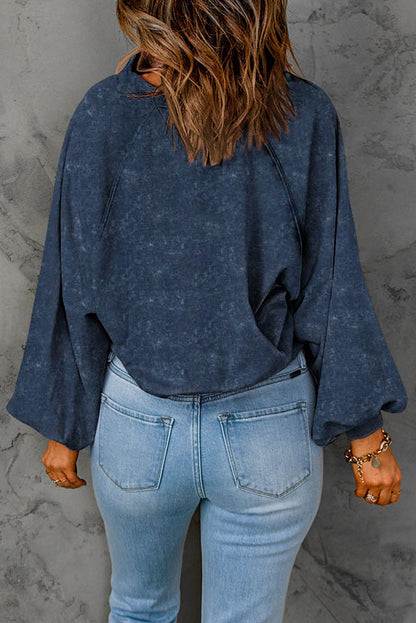 Blue Washed Snap Buttons Lantern Sleeve Pullover Sweatshirt