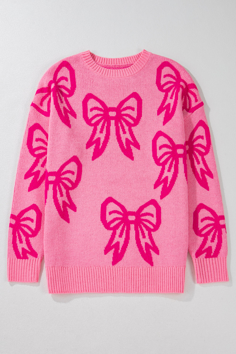 Pink Bow Pattern Drop Shoulder Loose Sweater - Viraxa
