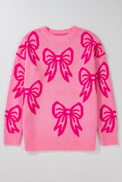 Pink Bow Pattern Drop Shoulder Loose Sweater - Viraxa