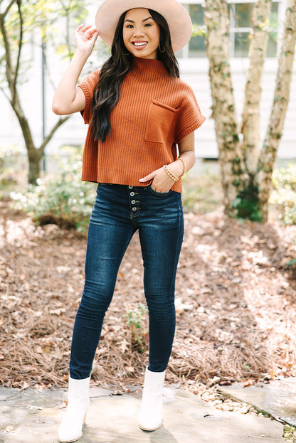 Gold Flame Patch Pocket Ribbed Knit Short Sleeve Sweater - Viraxa