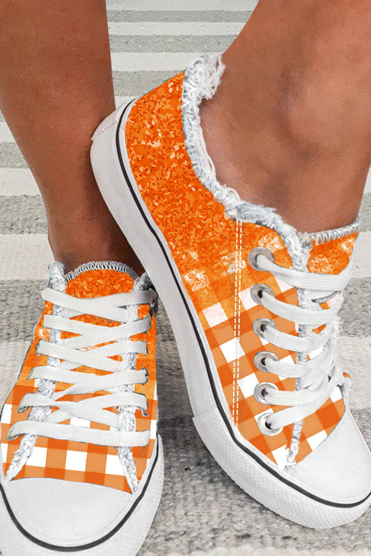 Orange Checkered Flat Canvas Shoes - Viraxa