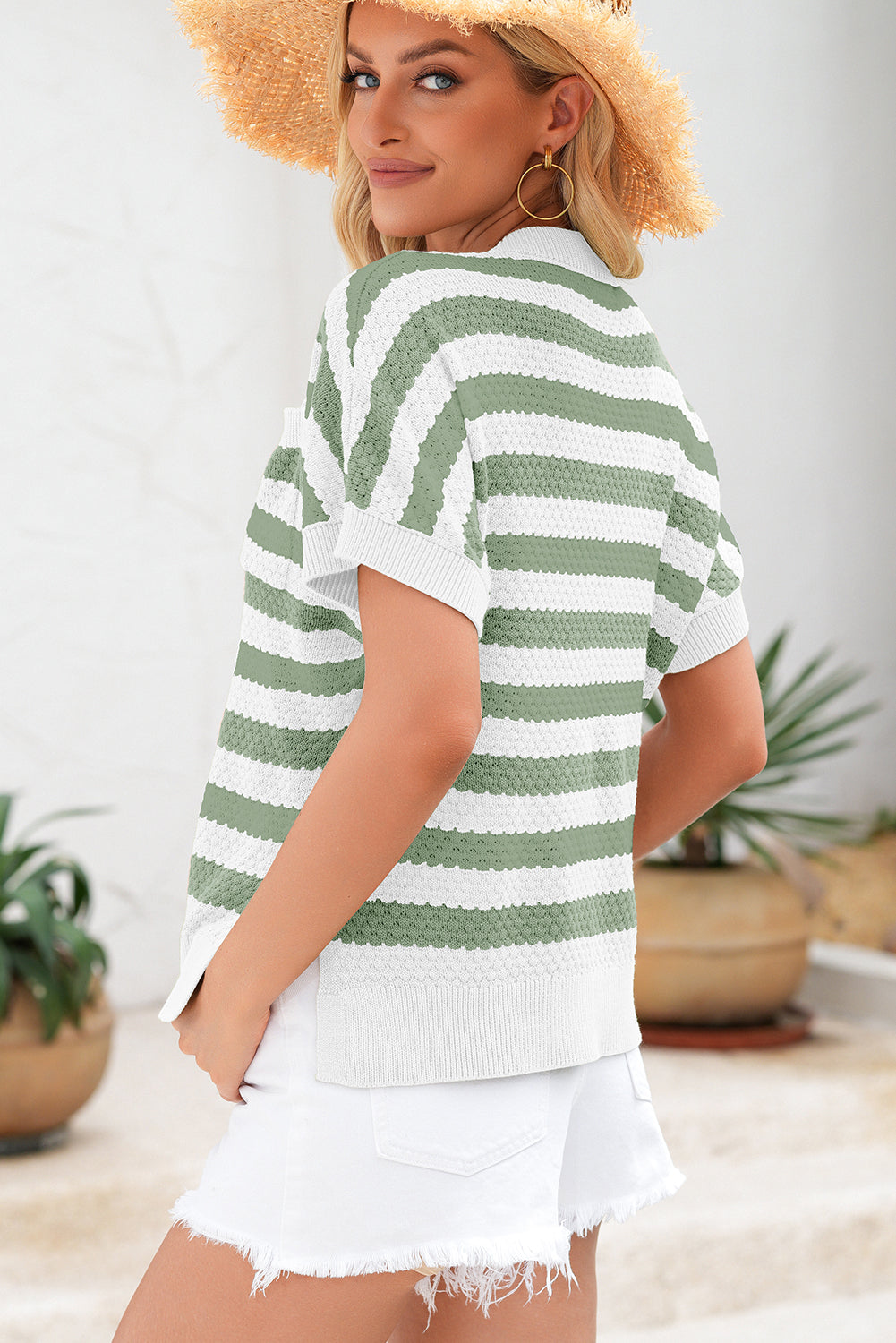 Green Stripe V Neck Short Sleeve Sweater with Side Slits - Viraxa