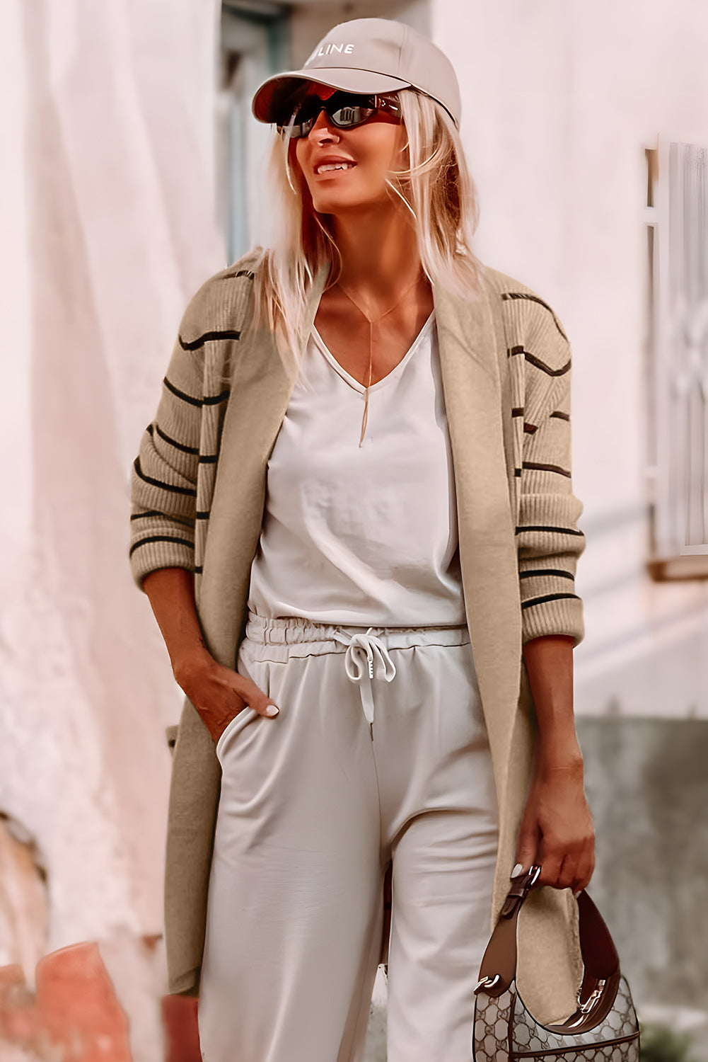 Black Stripe Shawl Neckline Open Cardigan with Pockets - Viraxa